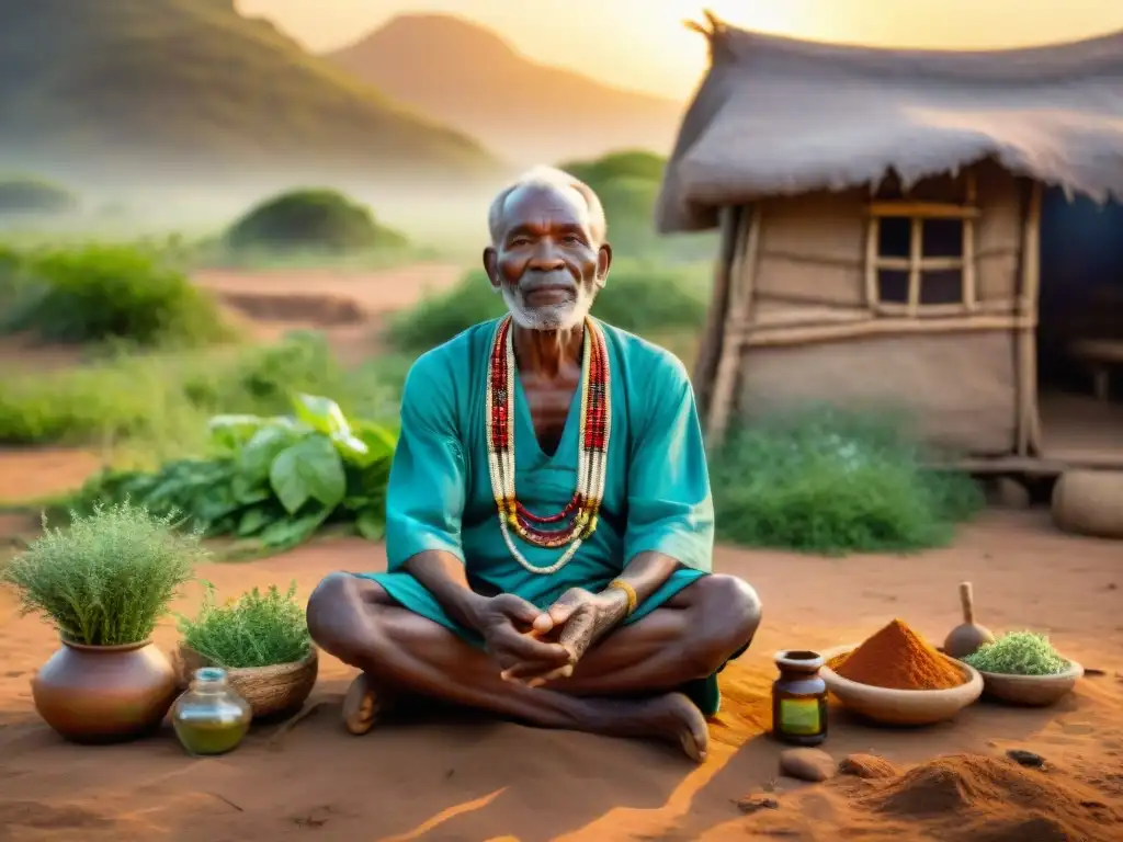 Un anciano sanador africano, preparando una medicina tradicional africana holística al atardecer en una aldea rústica