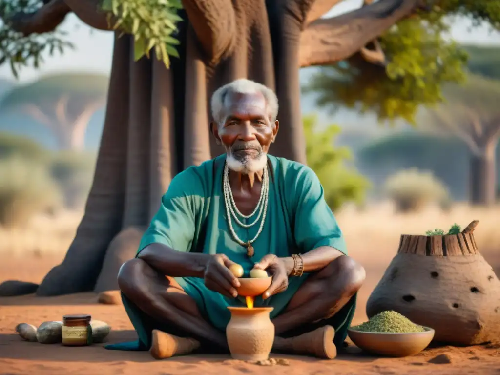 Un anciano sanador africano elaborando medicina tradicional de tribus africanas bajo un baobab, rodeado de hierbas y remedios naturales