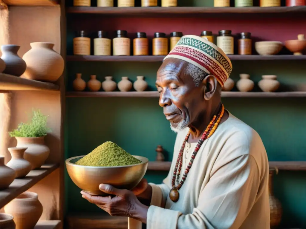 Un anciano sanador africano preparando una medicina tradicional africana siglo XXI en un ambiente lleno de sabiduría y tradición