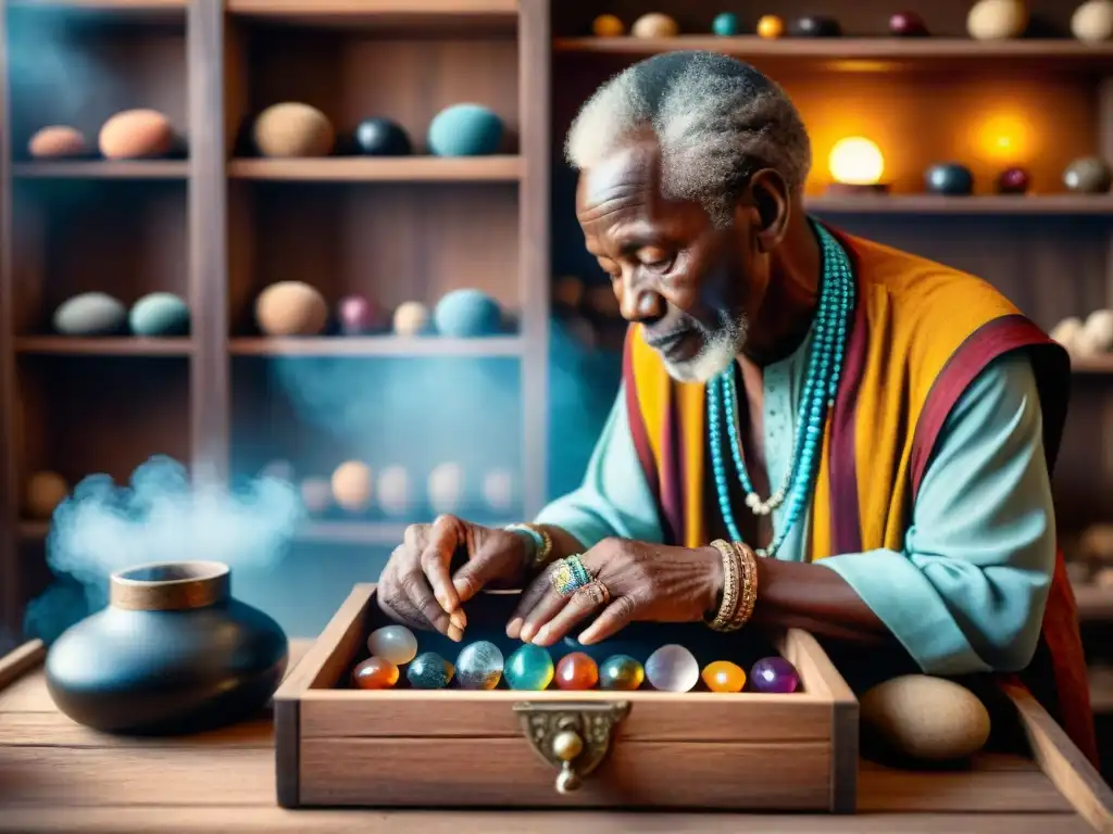 Anciano sanador africano selecciona piedras curativas en su caja de madera, creando un ambiente místico y sereno