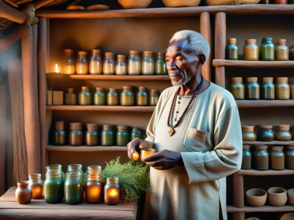 Un anciano sanador africano selecciona plantas medicinales en un santuario rústico iluminado por velas