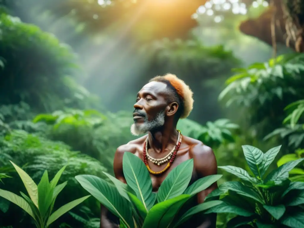 Un anciano sanador africano recolectando plantas medicinales en la exuberante selva africana