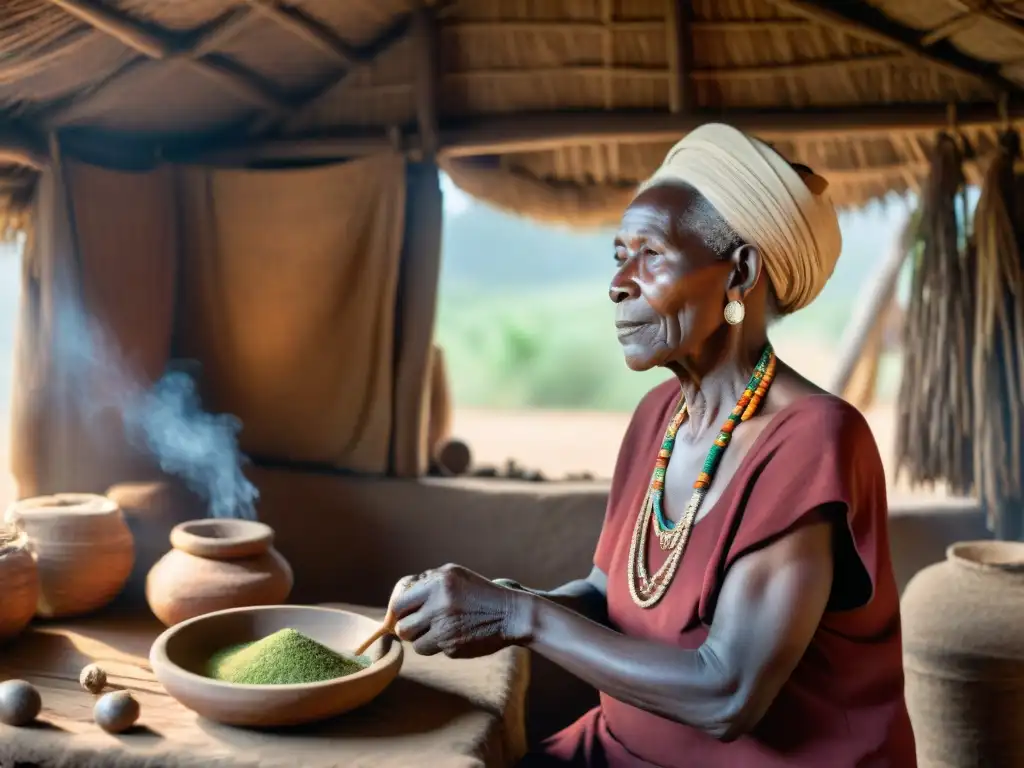 Un anciano sanador africano prepara una pócima en su choza iluminada por el sol, reflejando la influencia global de la medicina tradicional africana