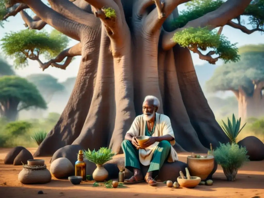 Un anciano sanador africano prepara remedios bajo un baobab, mostrando la conexión entre naturaleza y curación en la medicina tradicional africana