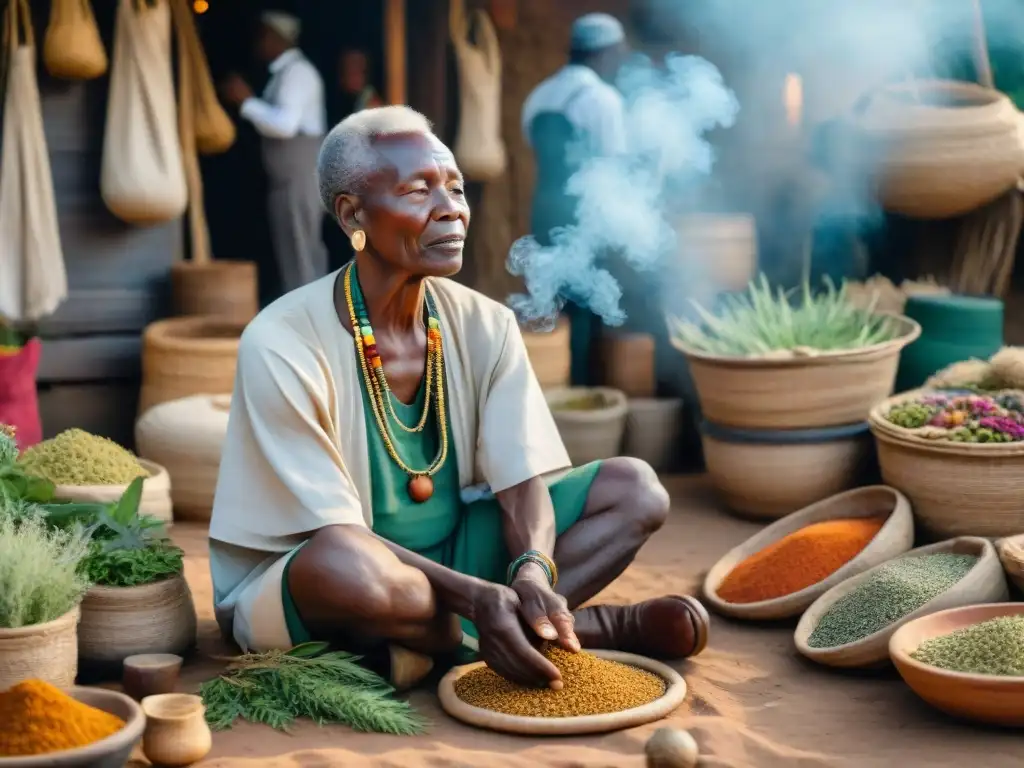 Un anciano sanador africano aplica remedios naturales a un niño en un mercado vibrante