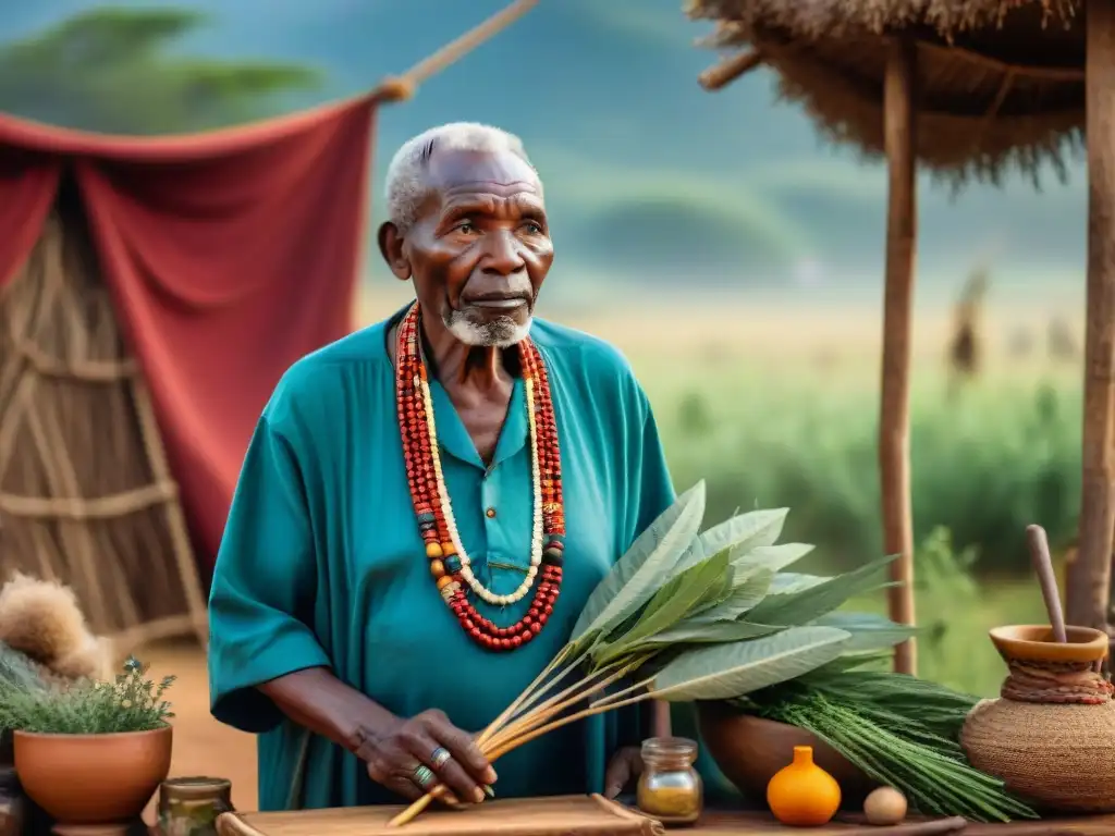 Un anciano sanador africano en un ritual sanador, rodeado de hierbas y herramientas, mientras la comunidad observa atentamente