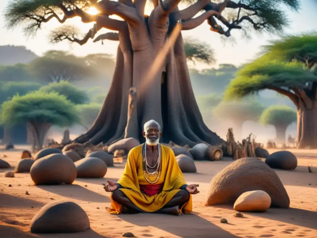 Un anciano sanador africano realiza un ritual bajo un baobab, rodeado de hierbas y huesos