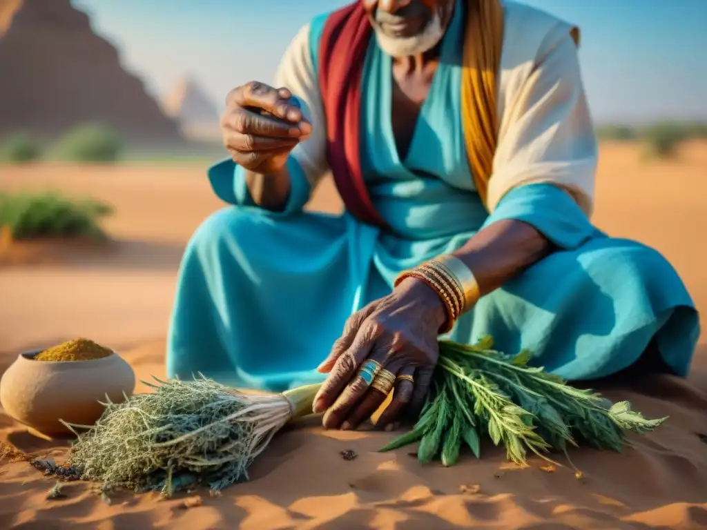 Un anciano sanador en atuendo tradicional saheliano selecciona cuidadosamente hierbas de una variedad de plantas y raíces secas, con el polvoriento paisaje dorado del Sahel extendiéndose en el fondo bajo un cielo azul claro