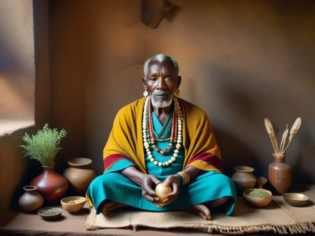 Un anciano sanador tradicional africano preparando remedios en un cuarto lleno de hierbas secas y herramientas curativas