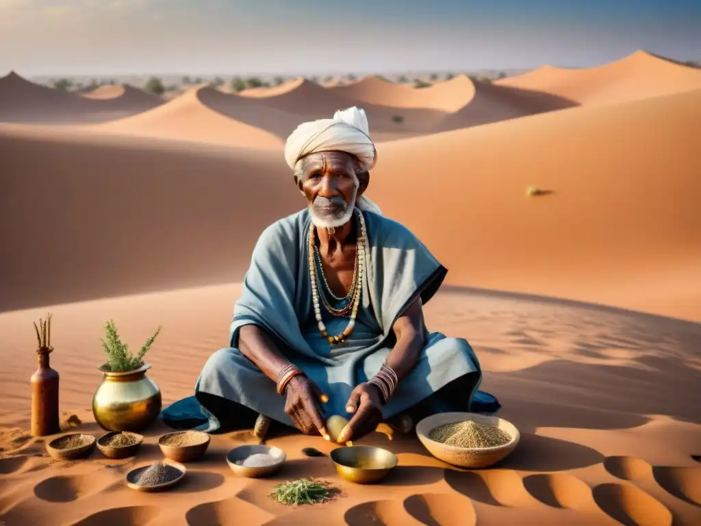 Anciano sanador tuareg en el desierto del Sahara, reflejando la sabiduría de la Medicina tradicional en el Sahel