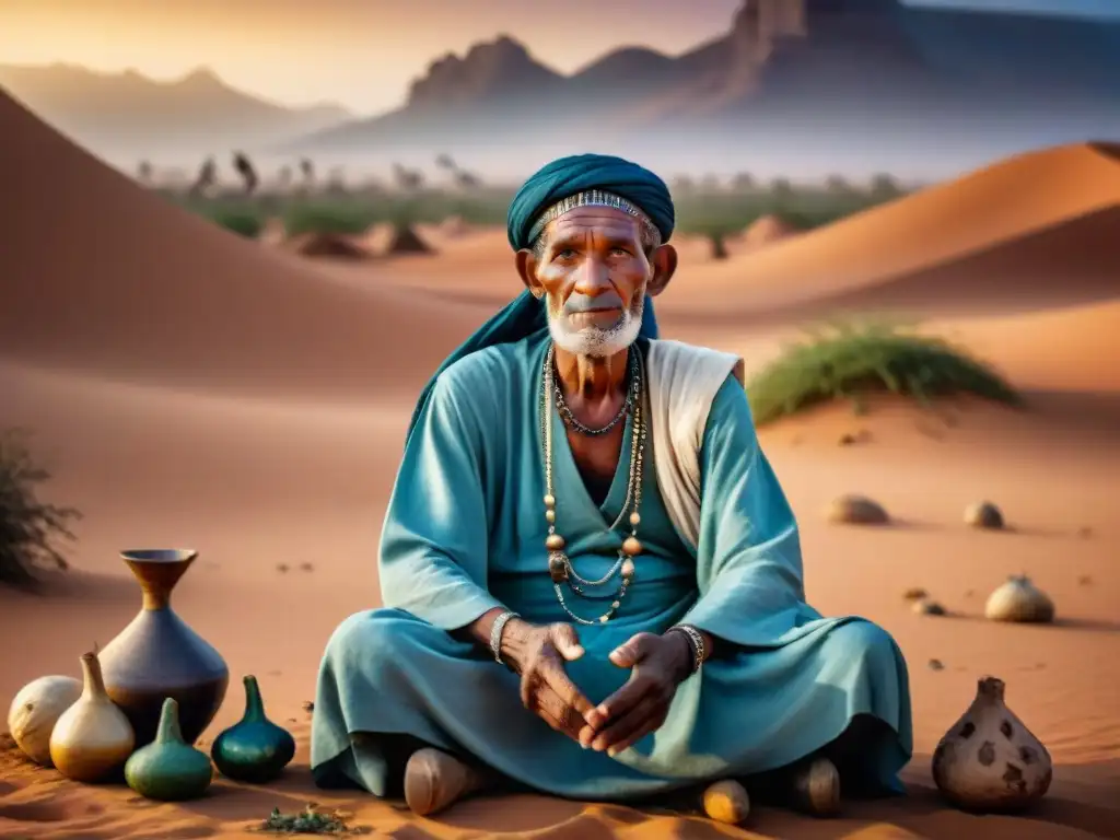 Anciano sanador tuareg en desierto saheliano con medicina tradicional en el Sahel