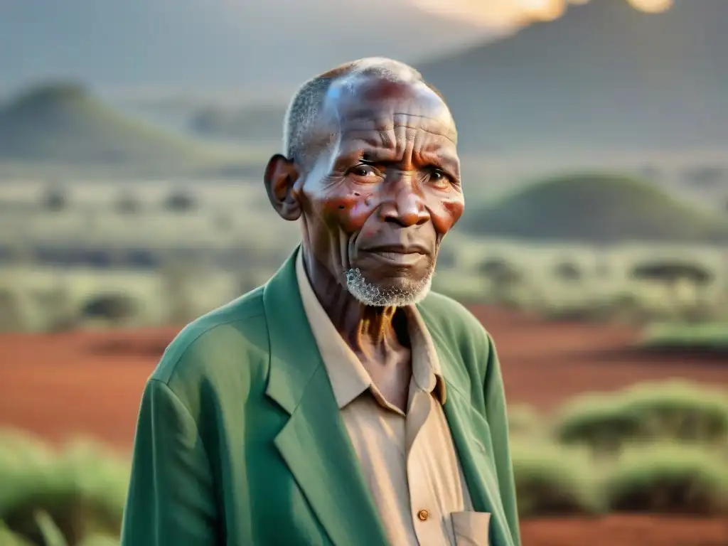 Anciano keniata en traje Kikuyu, orgulloso ante paisaje verde