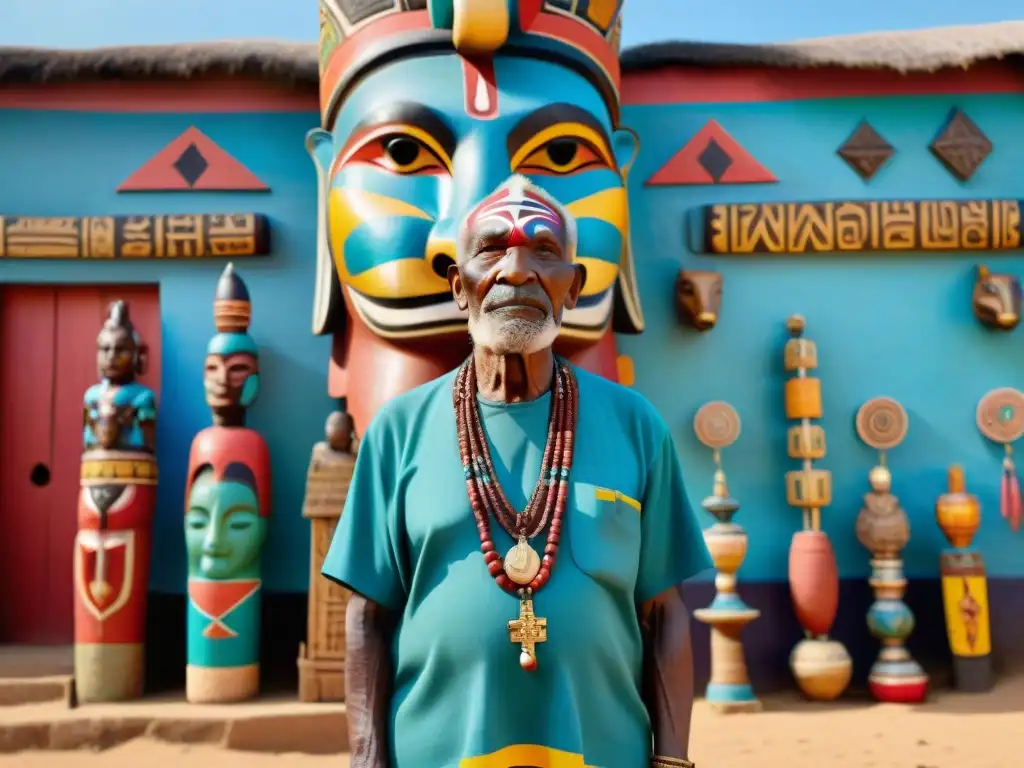 Retrato de Anciano Tribal Africano ante Tótem Tallado Un anciano tribal africano, con pintura facial y joyas tradicionales, frente a un totem tallado con símbolos animales de significado espiritual