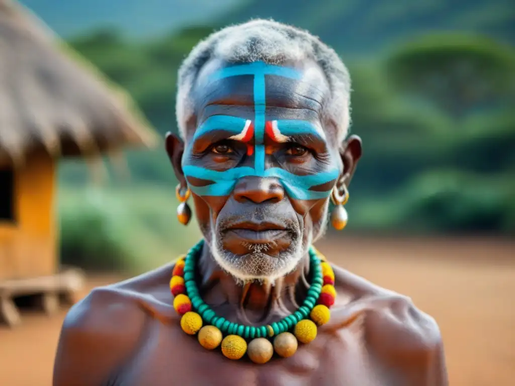 El anciano tribal en una aldea africana remota muestra los rituales de género en África con sus marcadas pinturas faciales