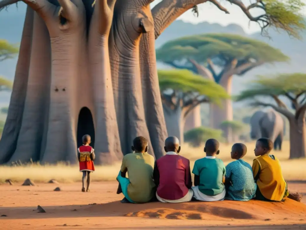 Un anciano tribal cuenta historias a niños bajo un baobab en la sabana africana, explorando civilizaciones africanas historia