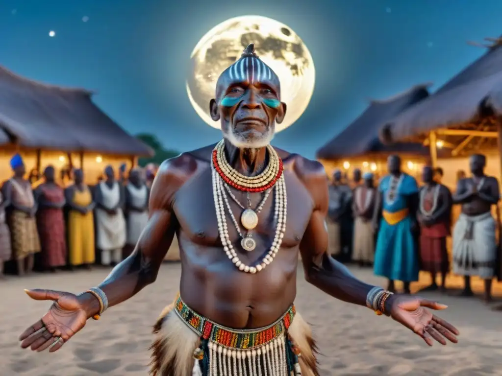 Un anciano tribal africano baila bajo la luna llena, rodeado de comunidad en trajes tradicionales