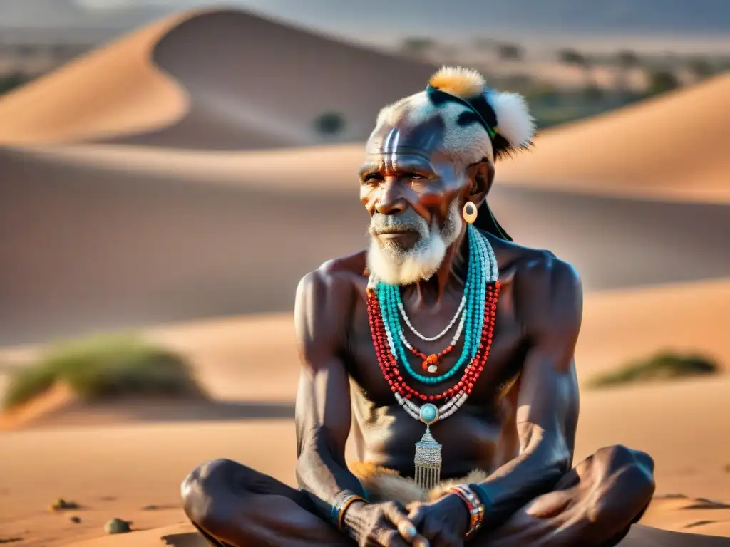 Un anciano tribal namibio y un majestuoso guepardo, reflejando el profundo vínculo espiritual entre las personas y los animales en las religiones africanas, en un paisaje desértico sagrado