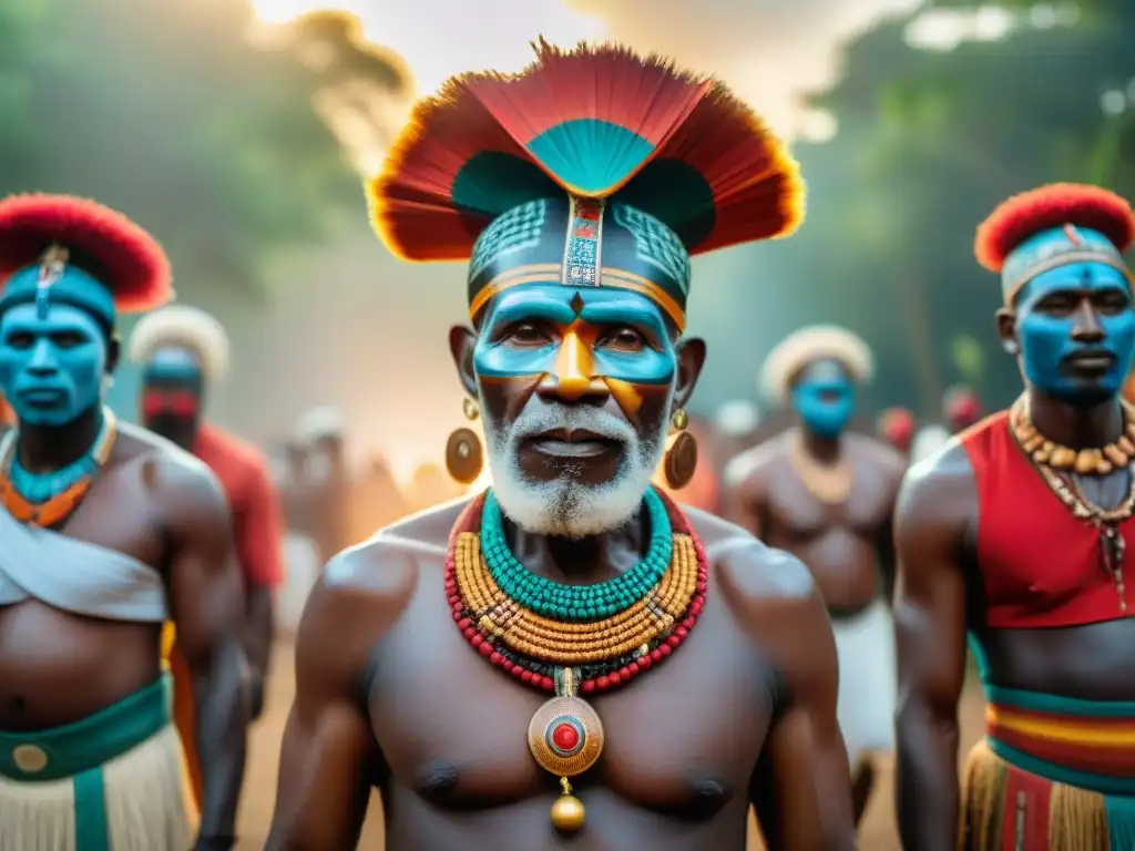 Un anciano tribal con máscara de madera rodeado de danzantes en ritual africano