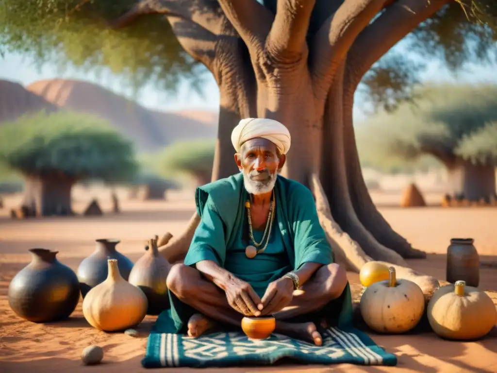 Un anciano Tuareg en atuendo tradicional prepara medicina en el Sahel bajo un baobab