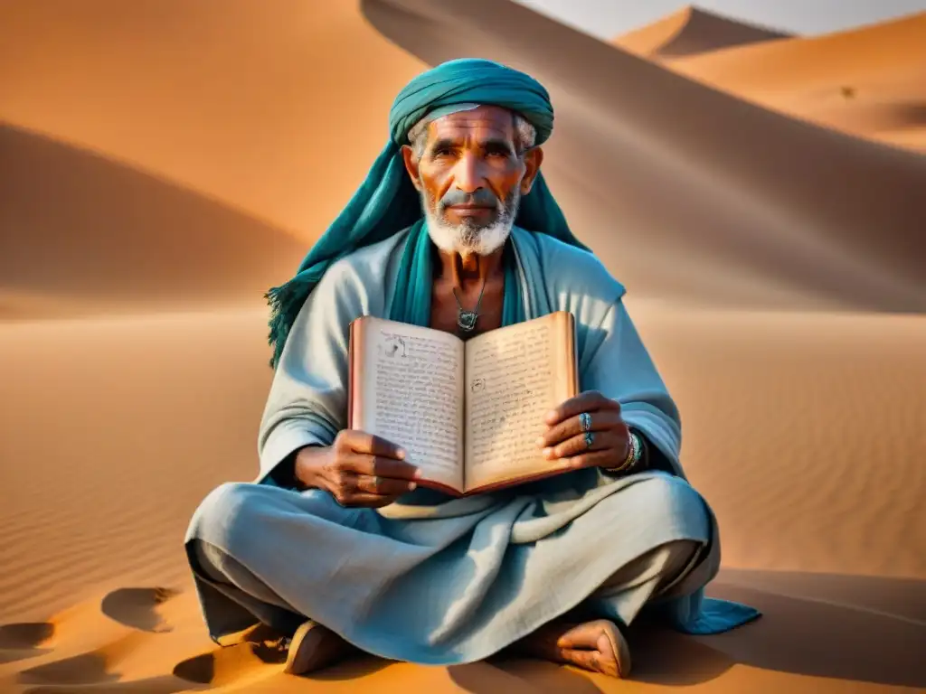 Un anciano tuareg en el Sahara con jeroglíficos antiguos reinos africanos tatuados, sabiduría ancestral