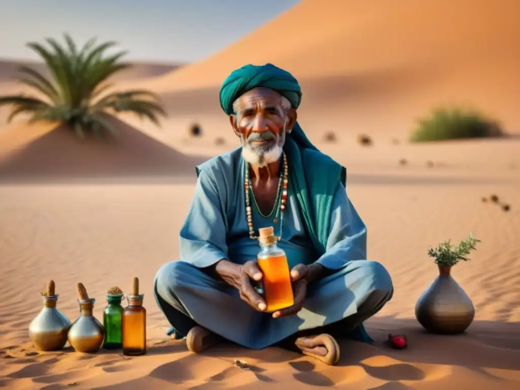 Anciano Tuareg practicando medicina tradicional en el Sahel, rodeado de hierbas y herramientas, mostrando un frasco con líquido naranja