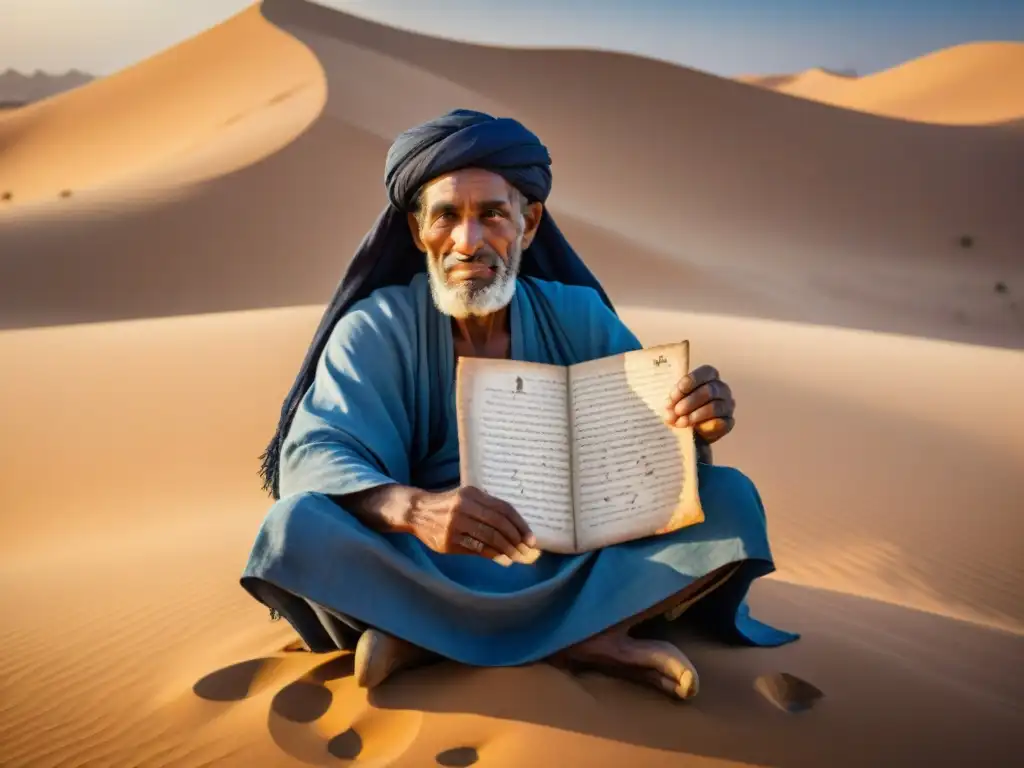 Un anciano Tuareg sostiene un pergamino con escritura Tifinagh en el desierto