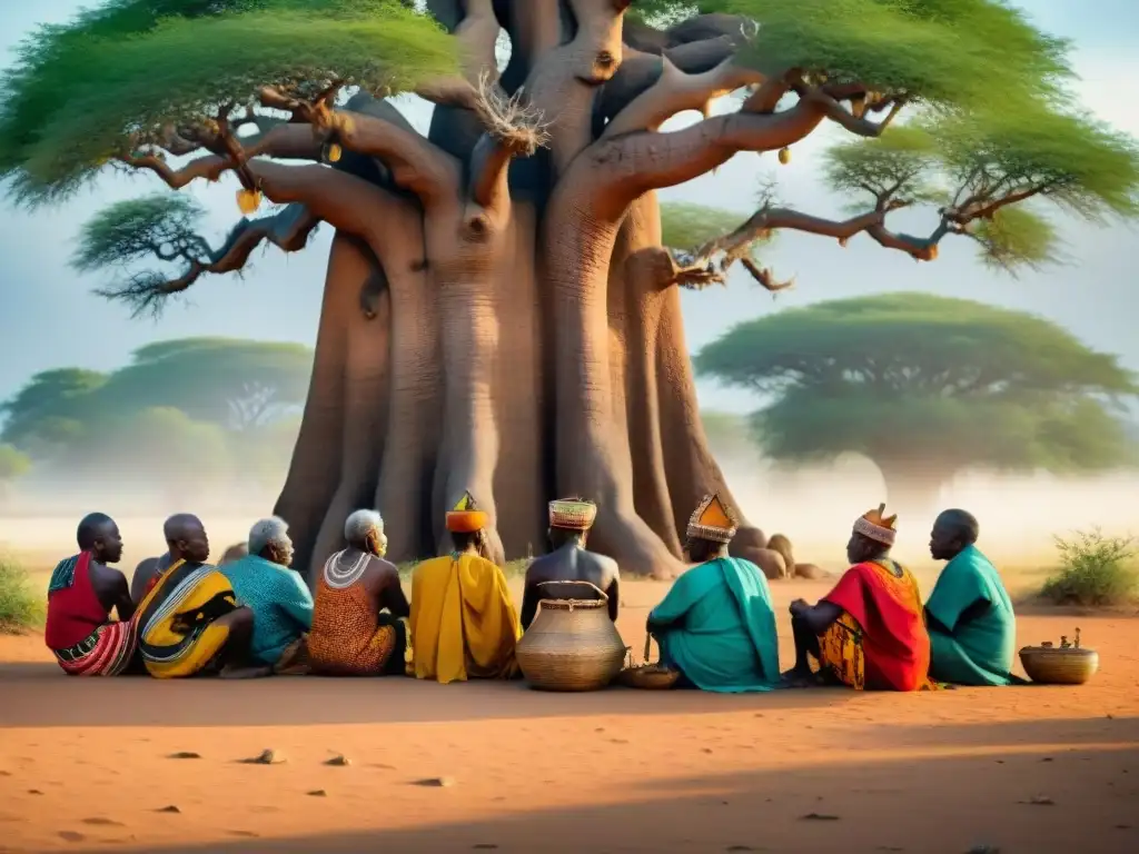 Ancianos africanos debatiendo bajo baobab, con adornos tradicionales y elementos espirituales