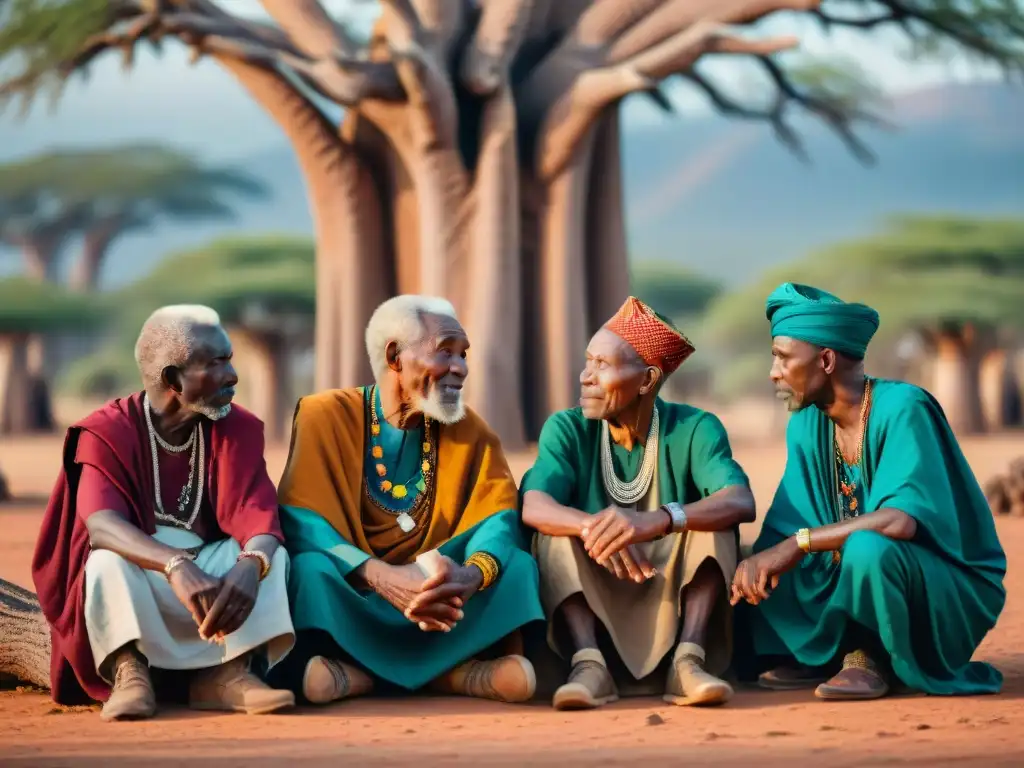 Ancianos africanos debatiendo bajo un baobab, en contraste con la aridez