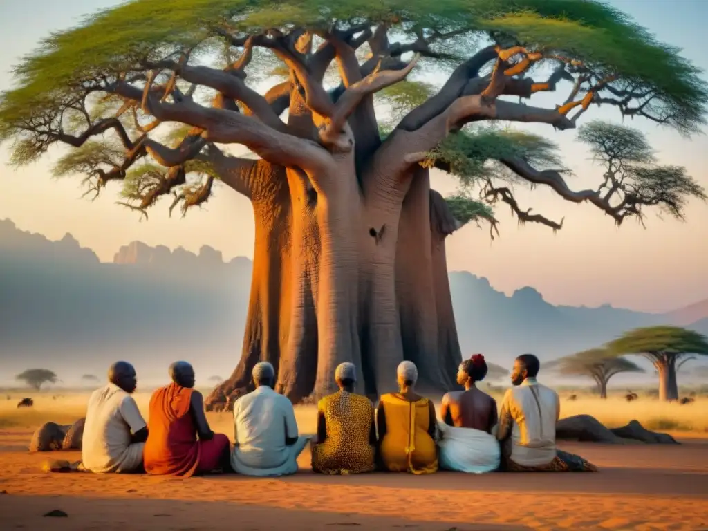 Ancianos africanos debatiendo bajo un baobab, reflejando la historia del Comercio de esclavos en África