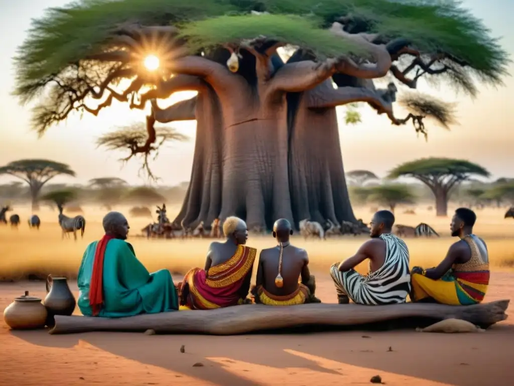 Ancianos africanos discuten bajo un baobab, símbolo de mitología africana y ciencia moderna