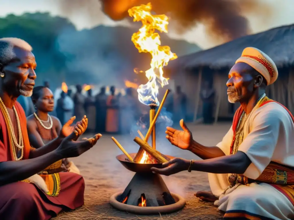 Ancianos africanos realizando ceremonia de fuego al anochecer con significado simbolismo fuego en ceremonias africanas