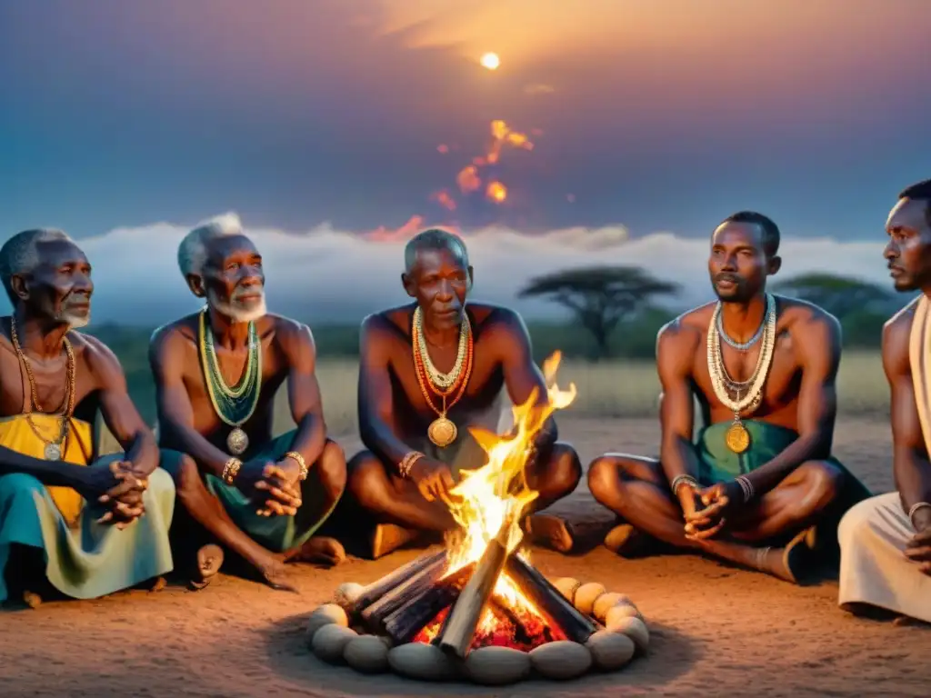 Ceremonia ancestral de ancianos africanos alrededor del fuego Ancianos africanos realizan ceremonia religiosa alrededor del fuego en la noche, impacto de la colonización en prácticas africanas