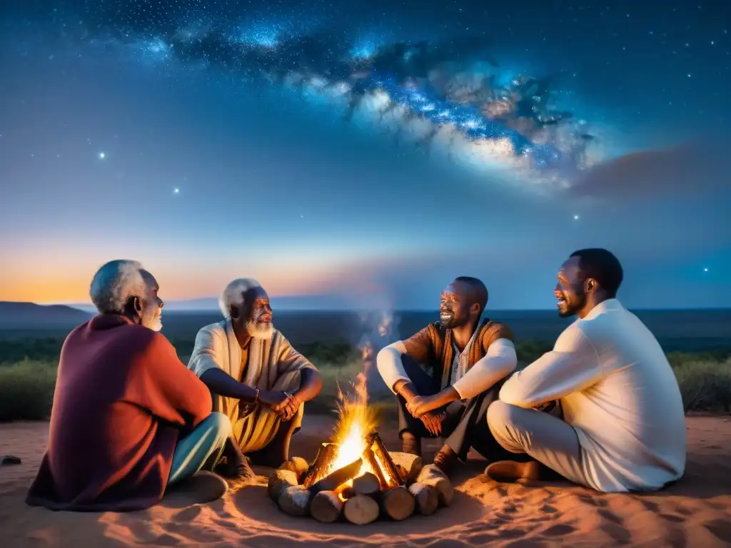 Ancianos africanos observando el cielo estrellado alrededor de una fogata, reflejando la influencia global de la astronomía indígena africana