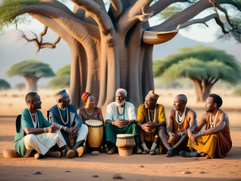 Ancianos africanos en círculo bajo baobab, tocando instrumentos tradicionales