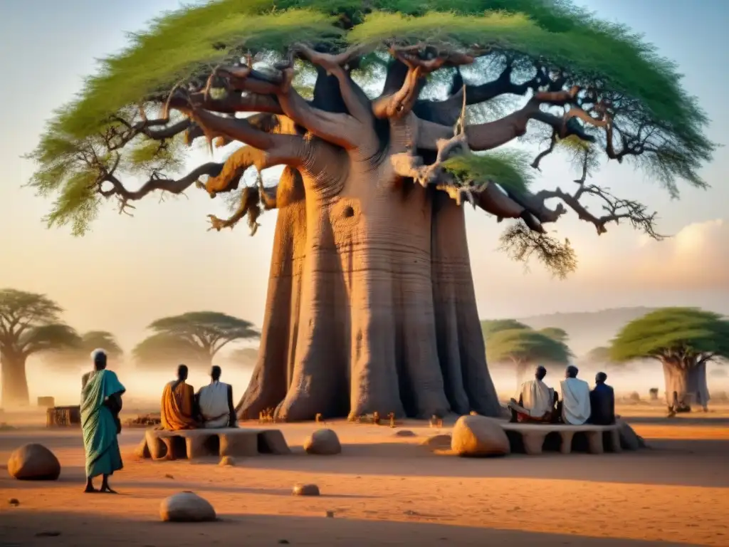 Ancianos africanos discuten bajo baobab: creencias vida después muerte África