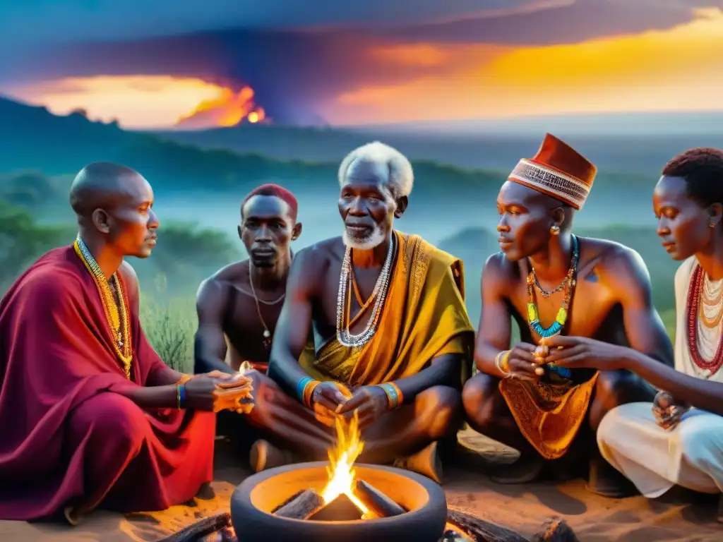 Ancianos africanos se reúnen alrededor de una fogata en ceremonia espiritual, reflejando la espiritualidad africana contemporánea tradiciones vivas