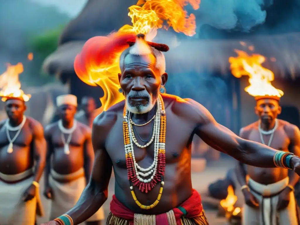 Ancianos africanos danzando alrededor del fuego sagrado en una ceremonia nocturna, transmitiendo significado en sus movimientos