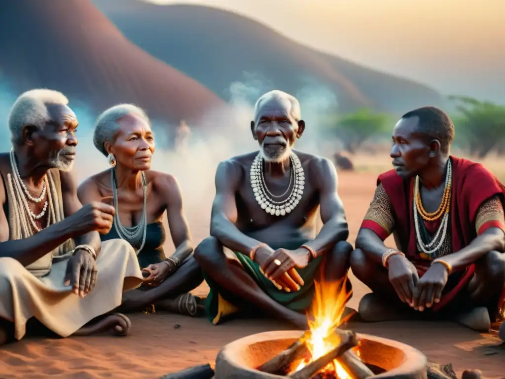 Ancianos africanos comparten historias alrededor del fuego, destacando la importancia de las narrativas orales y roles de género en África