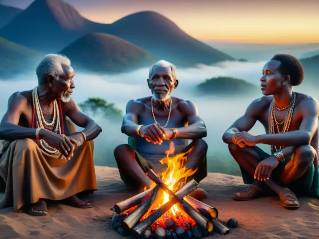 Ancianos africanos comparten historias alrededor del fuego, mostrando el significado simbolismo fuego ceremonias africanas