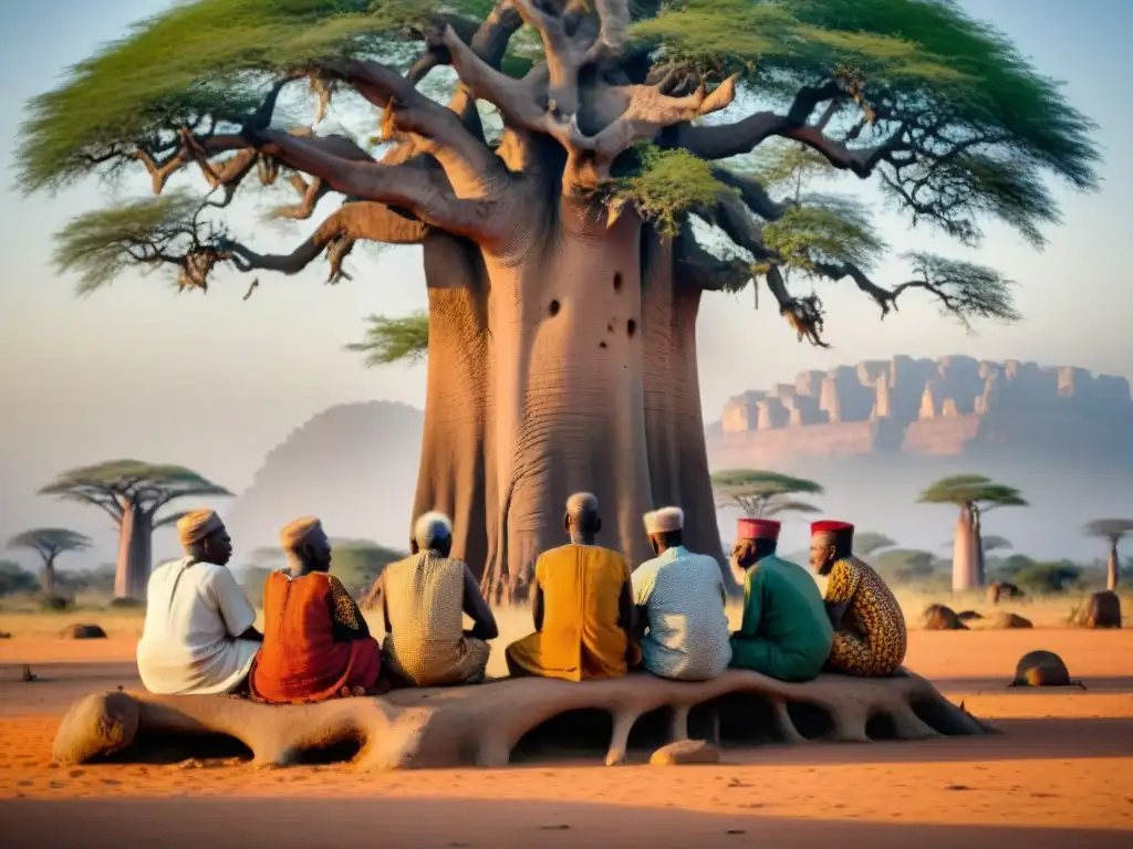 Ancianos africanos resisten leyes coloniales bajo baobab, atmosfera tensa