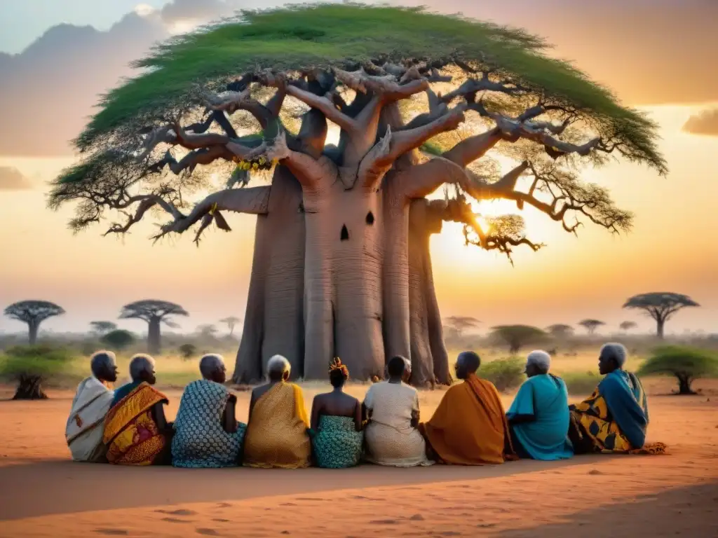 Ancianos africanos compartiendo mitos bajo baobab al atardecer