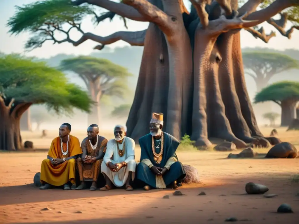 Ancianos africanos consultando un oráculo bajo un baobab: Prácticas espirituales en civilizaciones africanas