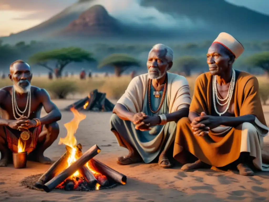 Ancianos africanos reunidos alrededor de un fuego sagrado, transmitiendo la esencia y el significado de las ceremonias africanas