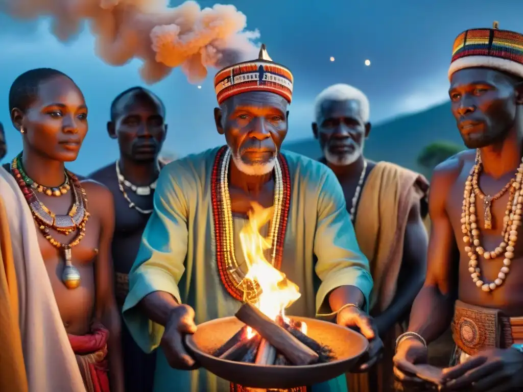 Ancianos africanos reunidos alrededor del fuego sagrado en ritual nocturno