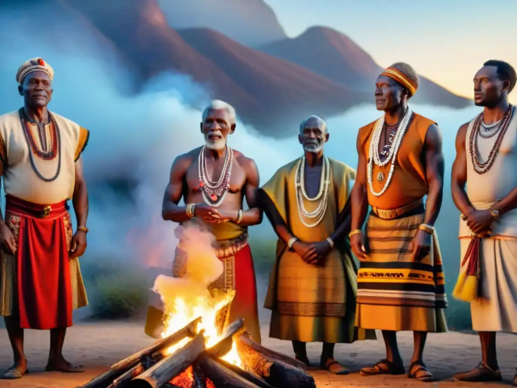 Ancianos africanos reunidos alrededor del fuego sagrado en ceremonias tradicionales