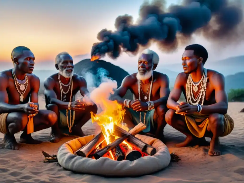 Ancianos africanos realizando un ritual alrededor del fuego, con máscaras y artefactos simbólicos