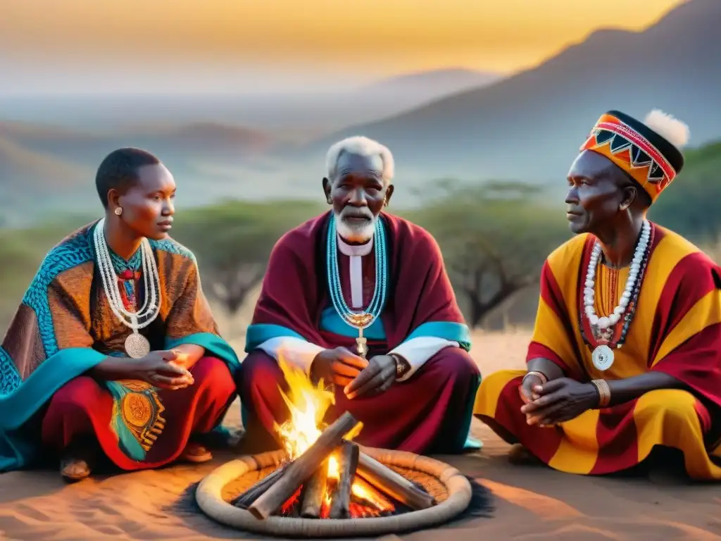 Ancianos africanos en ritual alrededor del fuego, con vestimentas vibrantes y símbolos culturales