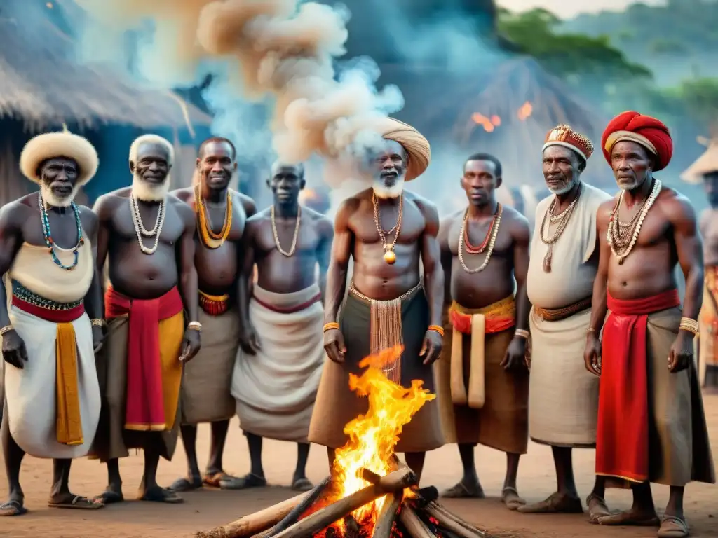 Ancianos africanos en ritual junto a fuego en aldea: sabiduría ancestral y espiritualidad