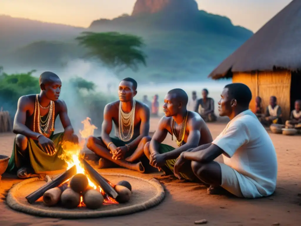 Ancianos africanos en ritual sagrado al atardecer, con tabúes y prohibiciones en espiritualidad africana