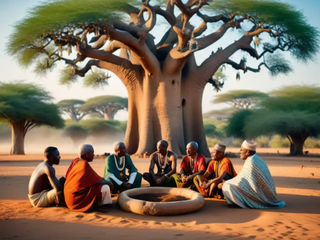 Conversación de ancianos africanos bajo baobab, rodeados de colores vibrantes y significado en prácticas religiosas africanas